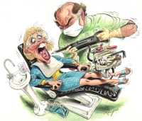caricature of dentist with power drill